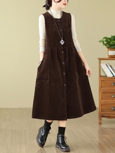 灯芯绒背带中长款马甲连衣裙女秋冬新款大码开衫无袖背心裙子