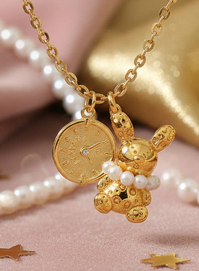 爱丽丝仙境金色兔子钟表珍珠项链女轻奢百搭吊坠锁骨链原创设计