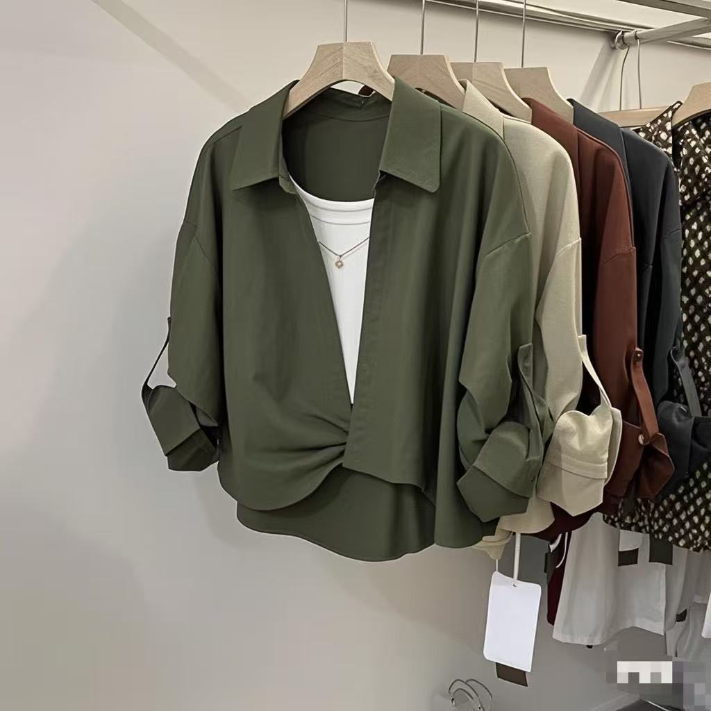 早春季polo领假两件长袖衬衫女