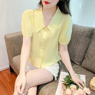 女短款 上衣夏季 新款 法式 气质漂亮雪纺衫 镂空衬衫 短袖 高级感泡泡袖