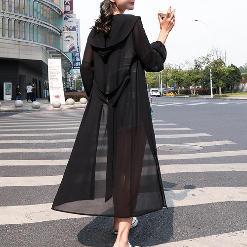 雪纺连帽防晒衣中长款系带ins纯色空调开衫