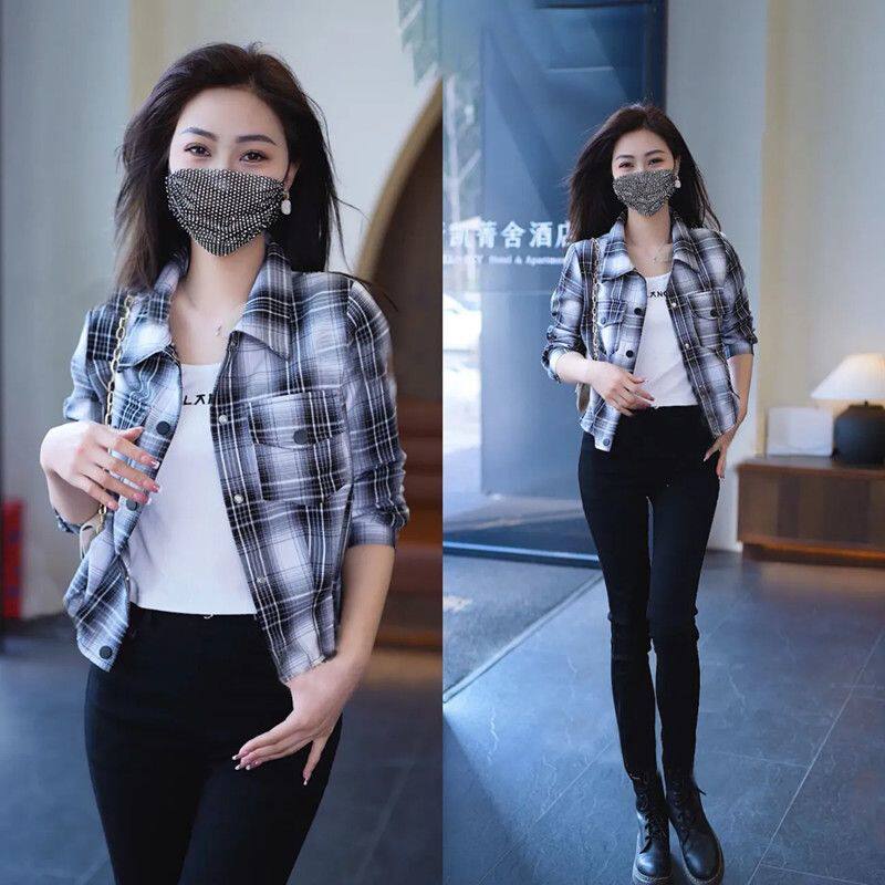 春秋女士高档简约格子衬衫洋气宽松短装女上衣小香风上衣女衬衫