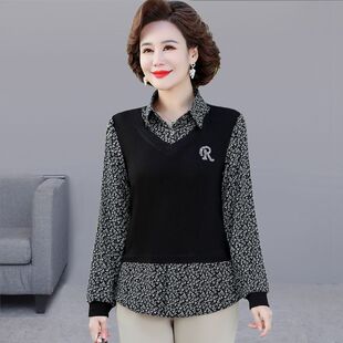 宽松大码假两件小衫减龄碎花衬衫女长袖秋冬新款外穿拼接打底上衣
