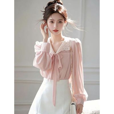 粉色小香风蝴蝶结系带雪纺衬衫女