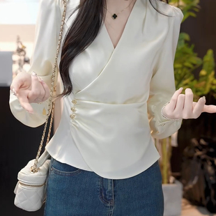 V领收腰气质长袖 2025春季 显瘦设计法式 衬衫 女 新款 遮肉减龄OL小衫