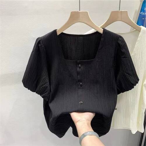 大码女装夏季黑色方领短袖雪纺