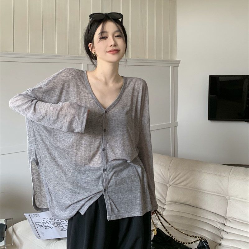 灰色复古长袖T恤女夏季薄款韩版开衫宽松休闲防晒罩衫中长款上衣