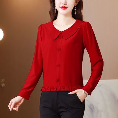 2025春秋娃娃领纯色衬衫女长袖洋气短款卡腰上衣设计感小众打底衫