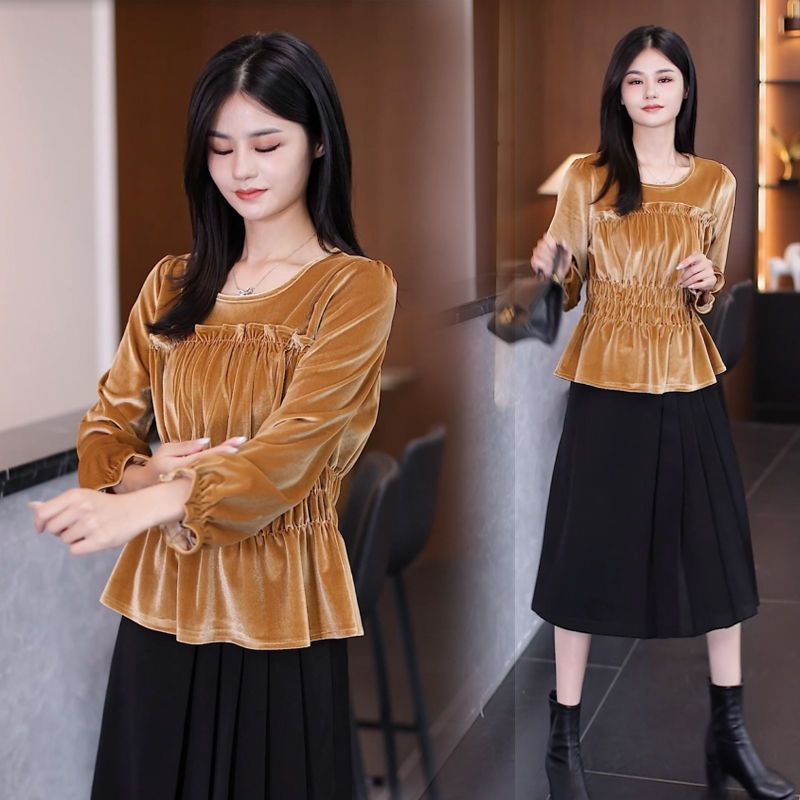 2025早秋新款金丝绒气质时尚褶皱花边上衣洋气百搭收腰名媛风单衣