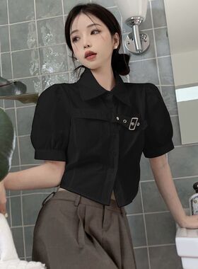 夏装新款蓝色短款衬衫女设计感小众衬衣法式短袖小个子短款上衣