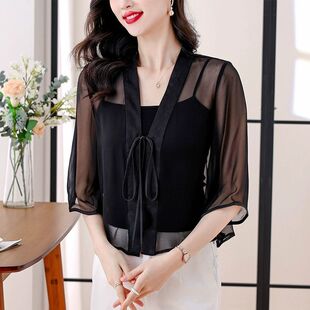 开衫女装小外披肩坎肩短外套薄纱新中式国风中袖冰丝雪纺防晒衣服