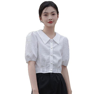 短袖泡泡袖翻领POLO领衬衫纽扣开衫百搭上衣夏季新款收腰衬衣女