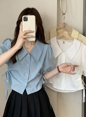 白色高级感衬衫女设计感小众2023年夏季新款法式气质抽绳短款上衣