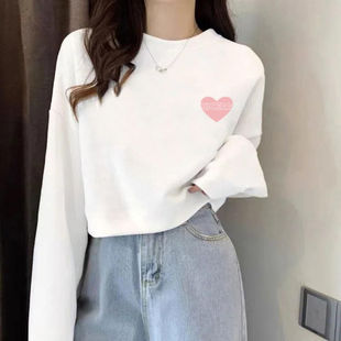 纯棉T恤女韩版打底衫甜美百搭宽松长袖纯欲短款上衣辣妹ins潮印花