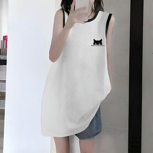 拼接潮流印花背心外穿宽松显瘦上衣 甜美夏季 纯棉无袖 t恤女款 新款