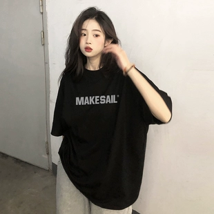 新款 T恤oversize宽松200斤上衣 胖MM显瘦短袖 夏季 纯棉黑色大码 女装