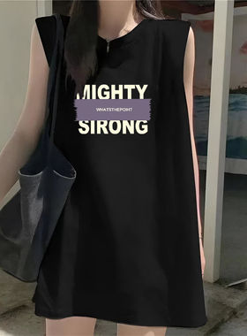 黑色无袖背心T恤女2025夏季新款宽松中长款字母印花运动百搭上衣