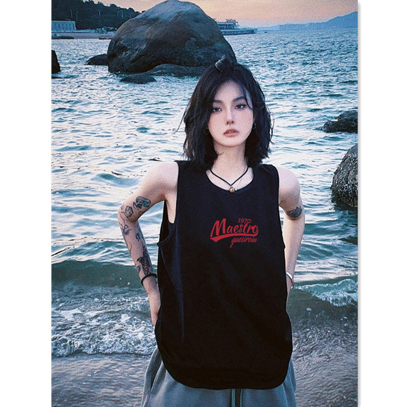 纯棉复古高街背心外穿无袖女运动甜辣字母中长款夏季坎肩t恤上衣