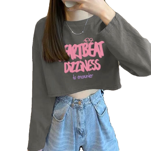 纯棉甜辣妹美式短款t恤女深灰色长袖纯欲风宽松设计感ins风上衣潮