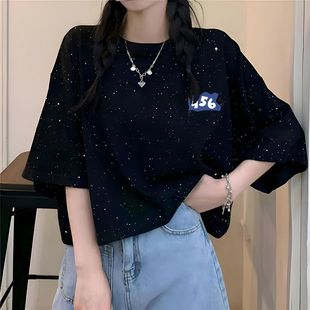 高腰珠片小众上衣 纯棉短款 短袖 t恤女港风甜辣小众2025夏季 ins韩版