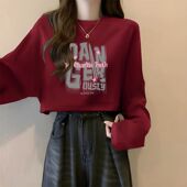 宽松打底衫 酒红色纯棉短款 上衣潮 新款 学生韩版 长袖 t恤女ins春秋季