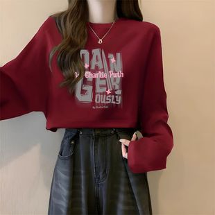 长袖 新款 酒红色纯棉短款 t恤女ins春秋季 上衣潮 学生韩版 宽松打底衫