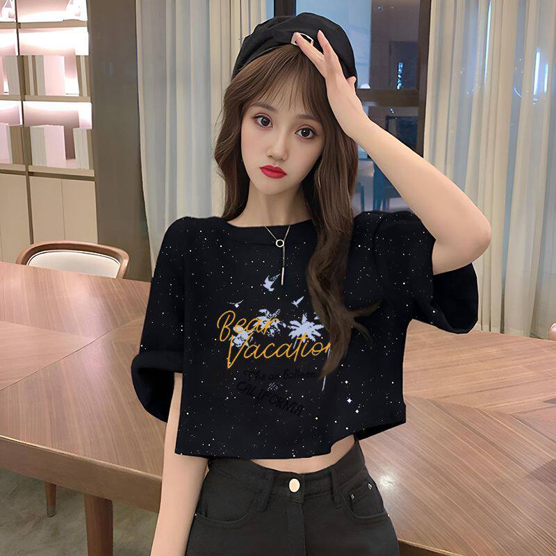 黑色短袖T恤女2025夏季新款韩版宽松小众甜辣设计感短款亮片上衣 - 实物图