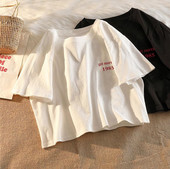 上衣宽松纯棉打底衫 韩版 t恤女潮 可爱甜美圆领短袖 短款 ins法式 夏季