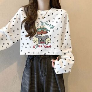 ins辣妹美式 纯棉潮流短款 新款 T恤女秋季 宽松外穿上衣潮流白色 长袖