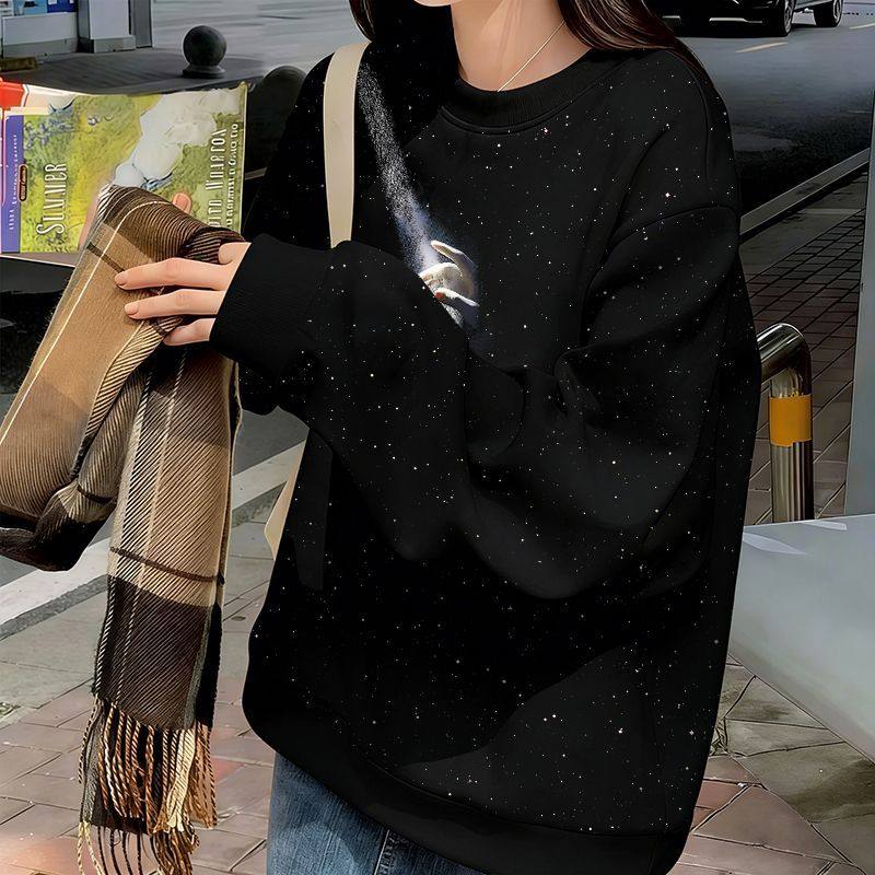 秋冬季黑色小众原宿风复古圆领亮片卫衣女生时尚中长款加绒上衣服