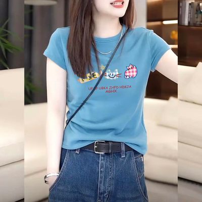 美式潮流圆领短袖T恤女2026夏季新款修身ins港味复古海蓝色上衣服