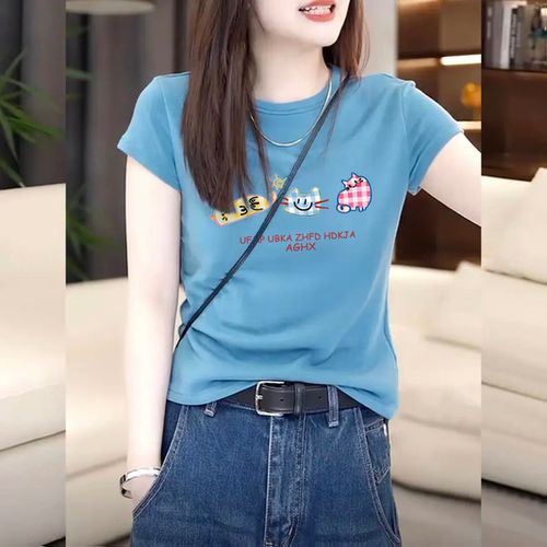美式潮流圆领短袖T恤女2026夏季新款修身ins港味复古海蓝色上衣服