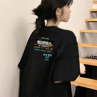 时尚 纯棉黑色oversize宽松丅恤短袖 女2025年新款 美式 小众上衣 夏季