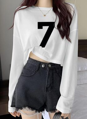 秋冬季新款高腰显瘦上衣女纯棉白色宽松长袖T恤短款内搭ins打底衫