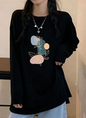 高街风中长款黑色印花甜美风isn纯棉长袖t恤女士秋季宽松显瘦上衣