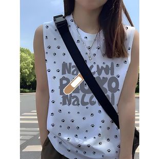 甜美高级感白色纯棉背心上衣女款 新款 宽松通勤无袖 坎肩T恤中长款