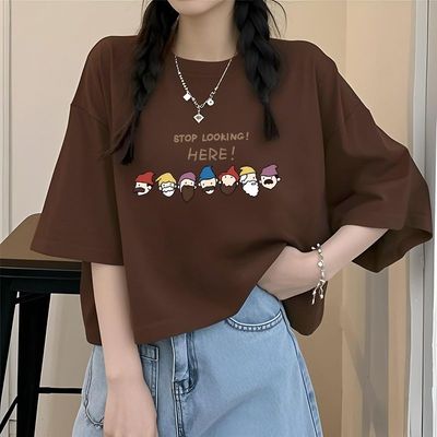 高街咖啡色短袖T恤女生纯