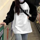 T恤潮打底衫 早春秋季 纯棉黑白撞色插肩上衣女ins港风宽松显瘦长袖