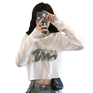 辣妹高腰短款圆领纯棉长袖T恤女新款春秋季宽松白色ins上衣打底衫