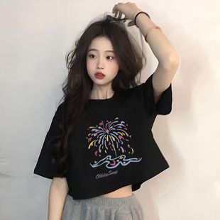 白色上衣潮 黑色洋气落肩圆领短袖 t恤宽松女夏季 2025新款 显瘦短款