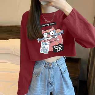 设计感小众独特别致纯欲辣妹短款 上衣服 t恤女秋冬季 纯棉落肩长袖