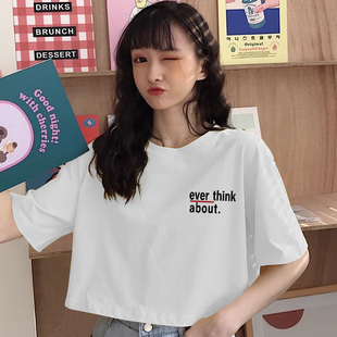 韩版 t恤上衣 学生宽松显瘦字母印花网红短款 女夏季 超火cec纯棉短袖