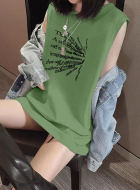 夏季纯棉新款绿色ins无袖背心T恤女中长款宽松慵懒风打底闺蜜上衣