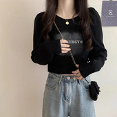 2025秋冬季 甜妹独特别致字母印花上衣服 T恤黑色百搭个性 短款 长袖