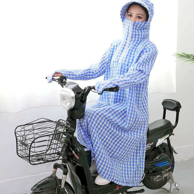 电动车防晒衣女长款全身骑车防紫外线透气格子披肩开衫荷叶领遮阳