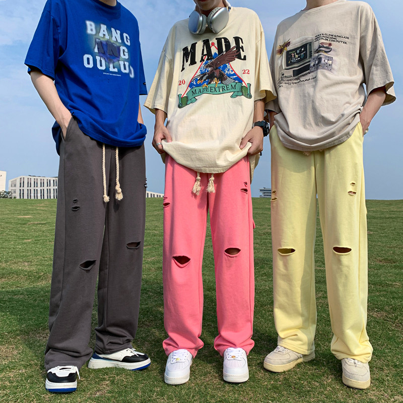 K456 P60 控78 多巴胺破洞神裤夏季宽松潮流情侣装裤子图片