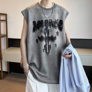 T6086 P25 控39 麂皮绒夏季男士背心坎肩t恤宽松无袖潮牌运动男女图片