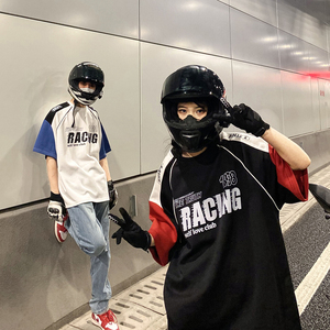 美式复古拼接短袖t恤男320g重磅赛车机车服高街潮牌潮流情侣夏装图片