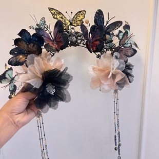 古风汉服新款枯叶蝶绢花发箍复古暗黑系蝴蝶发饰超仙发饰汉服头饰