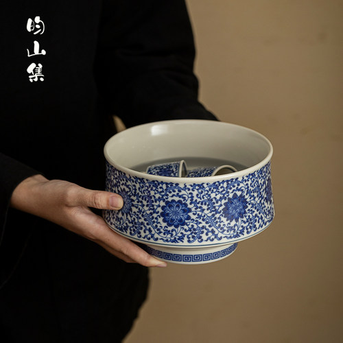 青花缠枝莲陶瓷茶洗大号茶渣缸茶杯洗茶海复古风家用水盂茶道配件